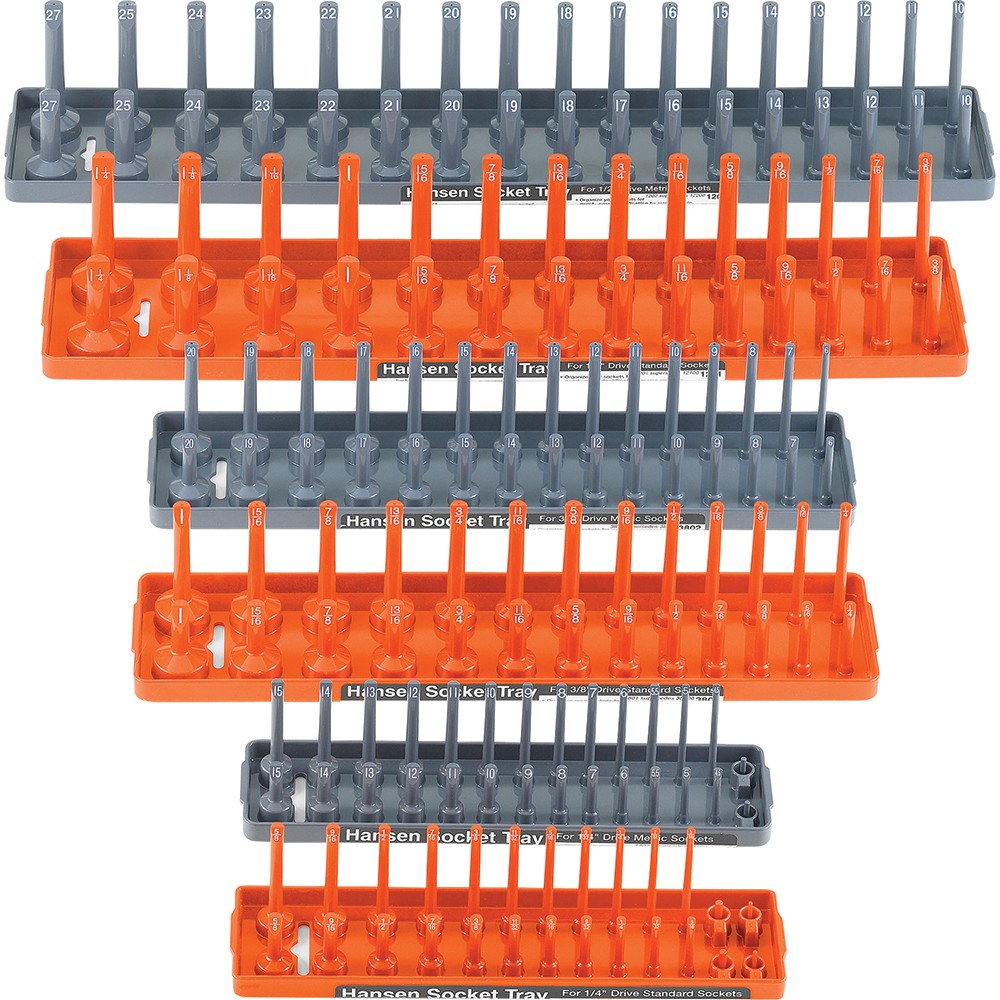 6 Piece Socket Tray Set – 2 Row – 1/4″, 3/8″, 1/2″ – Grey (Metric) Orange (SAE)