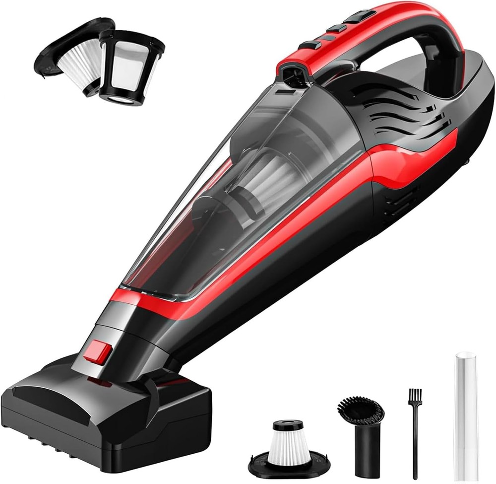Handheld cordless vacuum cleaner for pet hair, rechargeable, red.