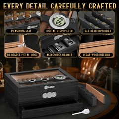 LIHTUN Cigar Humidor, Glass Top Desktop Humidor Box, CH-1, Woodgrain