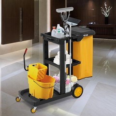 Black 3-Shelf Janitorial Cart Housekeeping Cart with 15-Gallon Yellow Bag & Lid