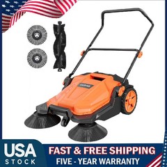 Walk-Behind Hand Push Floor Sweeper 25.6″ Width Sweeper 5-Gallon Waste Container