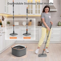 KZKR Spin Mop and Bucket 1.0 Set with 2 Pads, Grey+orange+white