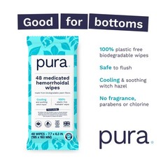 Pura XL Flushable Medicated Wipes for Hemorrhoid 48 Count (Pack of 2), White