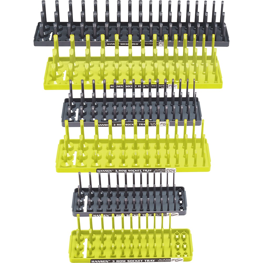 6 Piece Socket Tray Set – 3 Row – 1/4″, 3/8″, 1/2″ – Grey (Metric) Yellow (SAE)