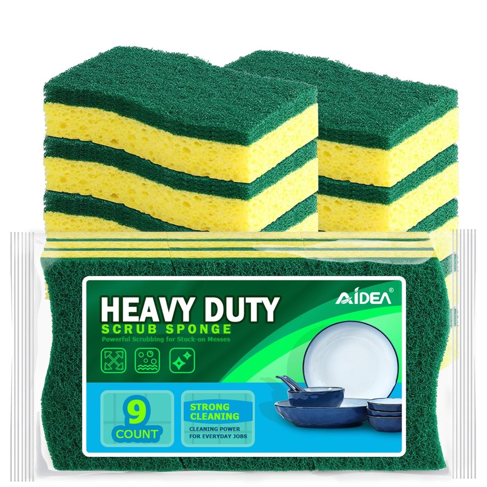 AIDEA Sponges Kitchen, 9Count, Dish Sponges, Heavy-Duty Sponge 9 Count, Green