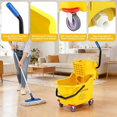 Yellow Commercial Mop Bucket 35 Quart Large with Side Press Wringer and Wheels