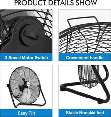 20″ High Velocity Floor Fan, 3 Speed 5200 CFM Metal Industrial Floor Fan