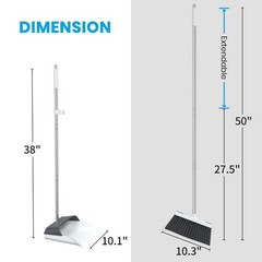 Stand Up Dustpan and Broom Set 50” Long Handle Medium Dustpan, White