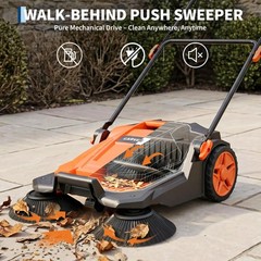 Walk Behind Hand Push Floor Sweeper 25.6” Sweeping Width 5 Gal Waste Container