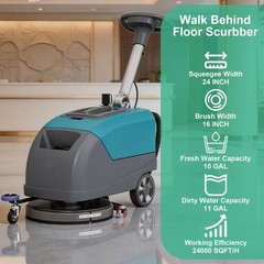 16″ Walk-behind Floor Scrubber Machine 24000 Sqft/h 11-gal Tank 24″ Suction