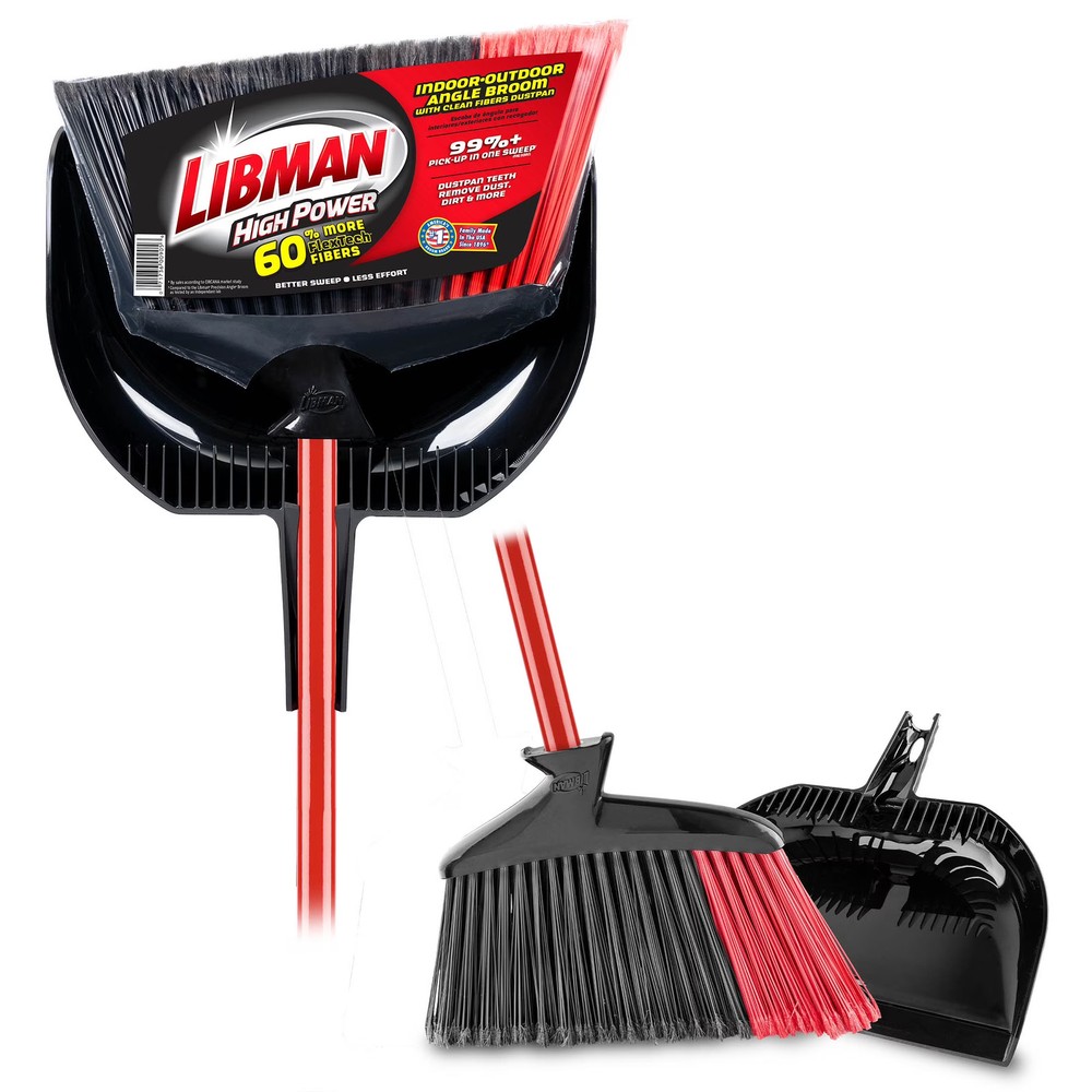 Libman High Power Angle Broom & Dustpan, Red Steel Handle Black Fibers