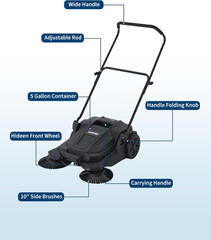 Walk-Behind Hand Push Floor Sweeper, 25.6 in Sweeping Width Manual Non-Electric,