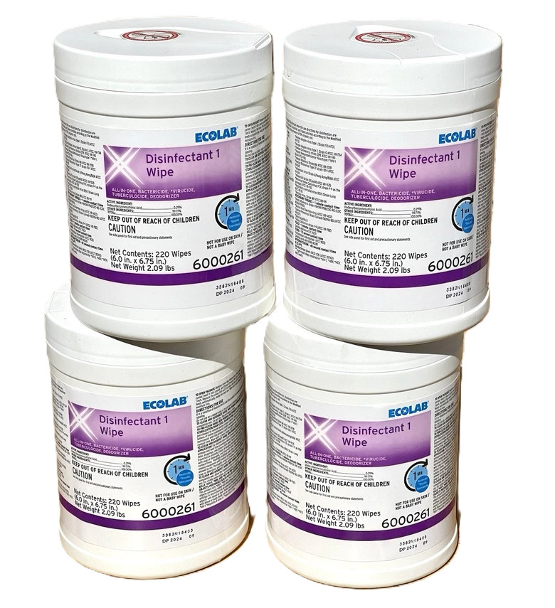 Ecolab Disinfectant 1 Wipe 6.0in x 6.75in,220 Wipes,4 CANS,EXP: 11/2024- 6000261
