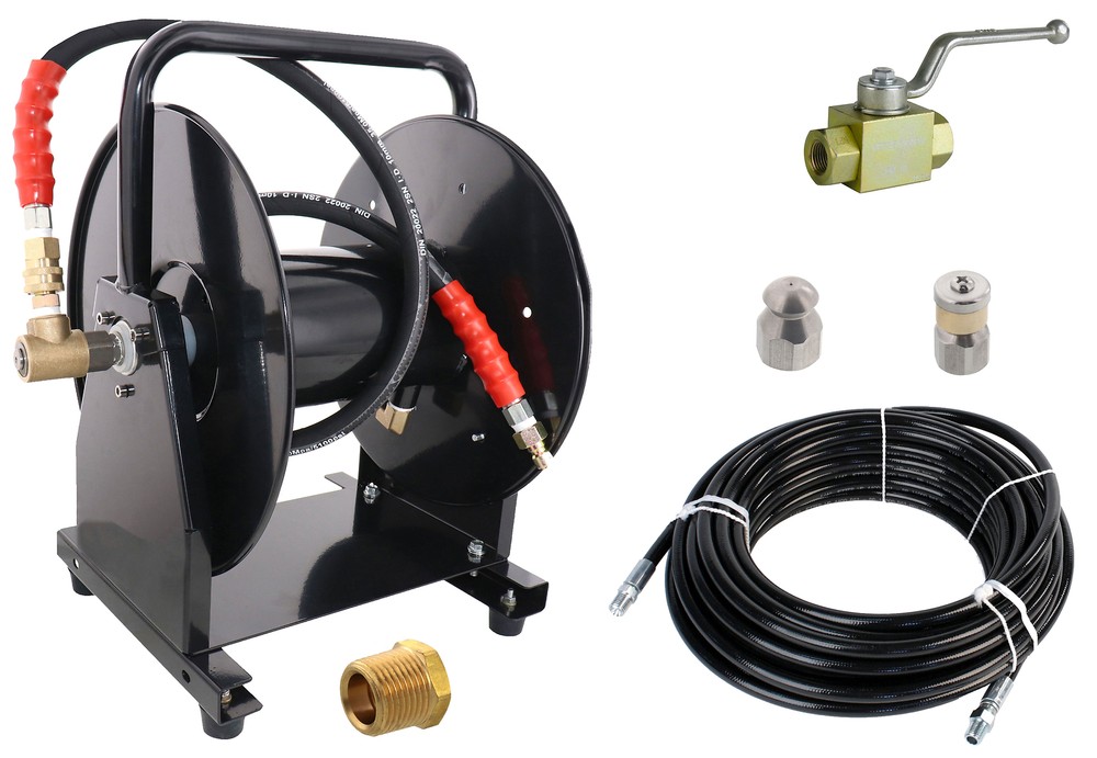 Scheiffer Sewer Jetter Kit – Ball Valve Hose Reel 1/4″ x 100′ Hose and Nozzles