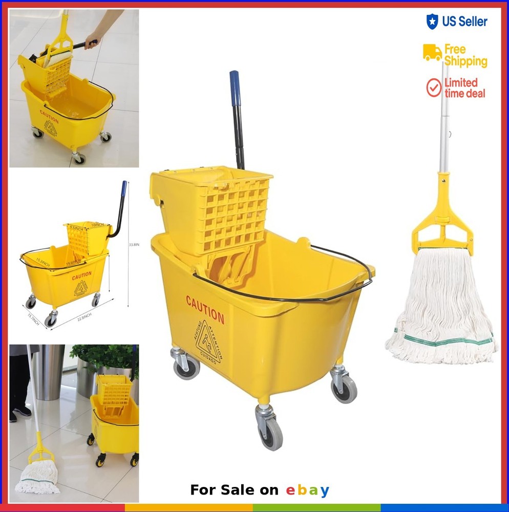Commercial Mop Bucket 35 Quart with Side Press Wringer on Wheels Mop Included