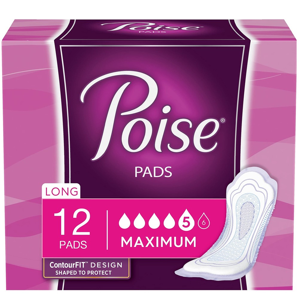 Poise Incontinence Pads, Maximum Absorbency, Long, 12 ct White