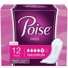 Poise Incontinence Pads, Maximum Absorbency, Long, 12 ct White