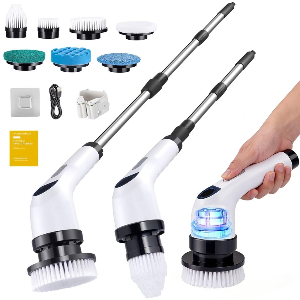 Cleanninja Electric Spin Scrubber for Cleaning, Adjustable 10″-50″, White