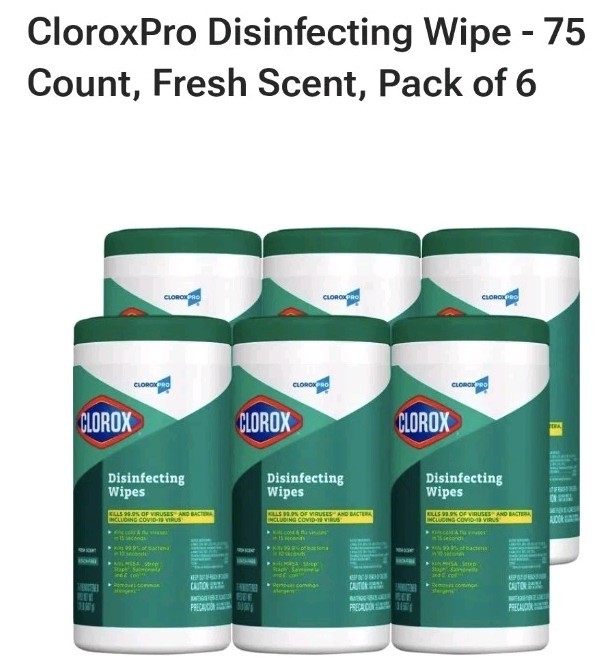 6 Pack CloroxPro Commercial Disinfecting Wipes 75 Count Per Bottle Fresh Scent