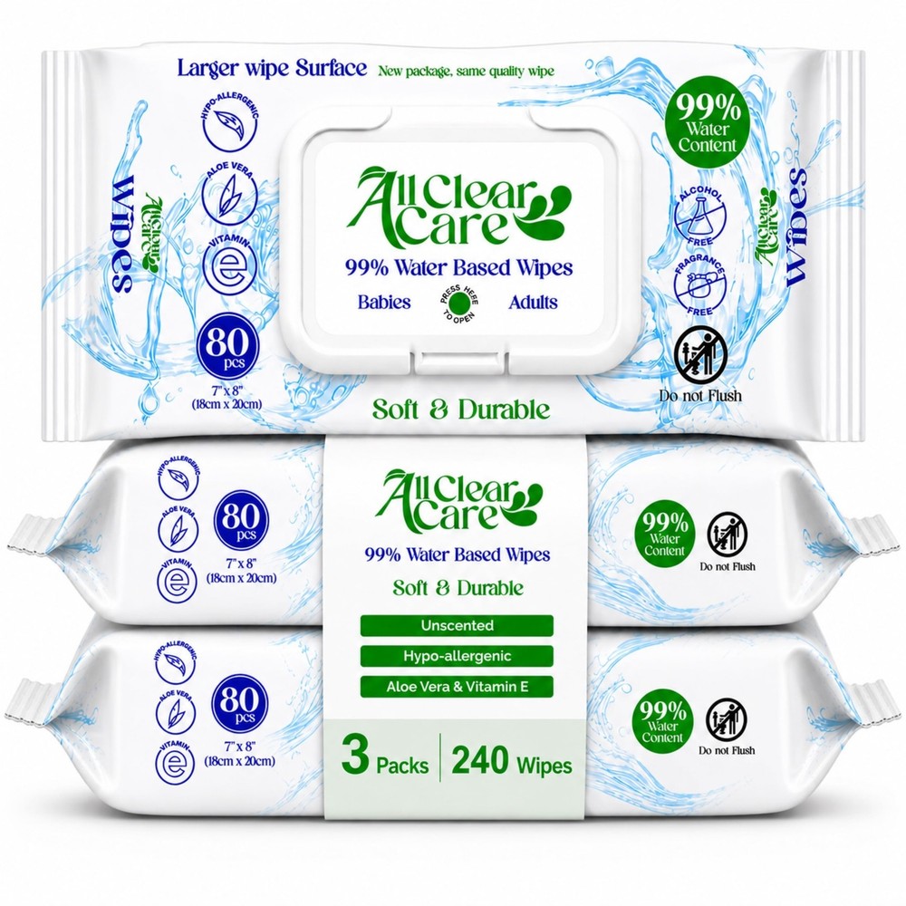 All Clear Care Baby Wipes, Unscented for Sensitive Skin, 80 Count (Pack of 3)