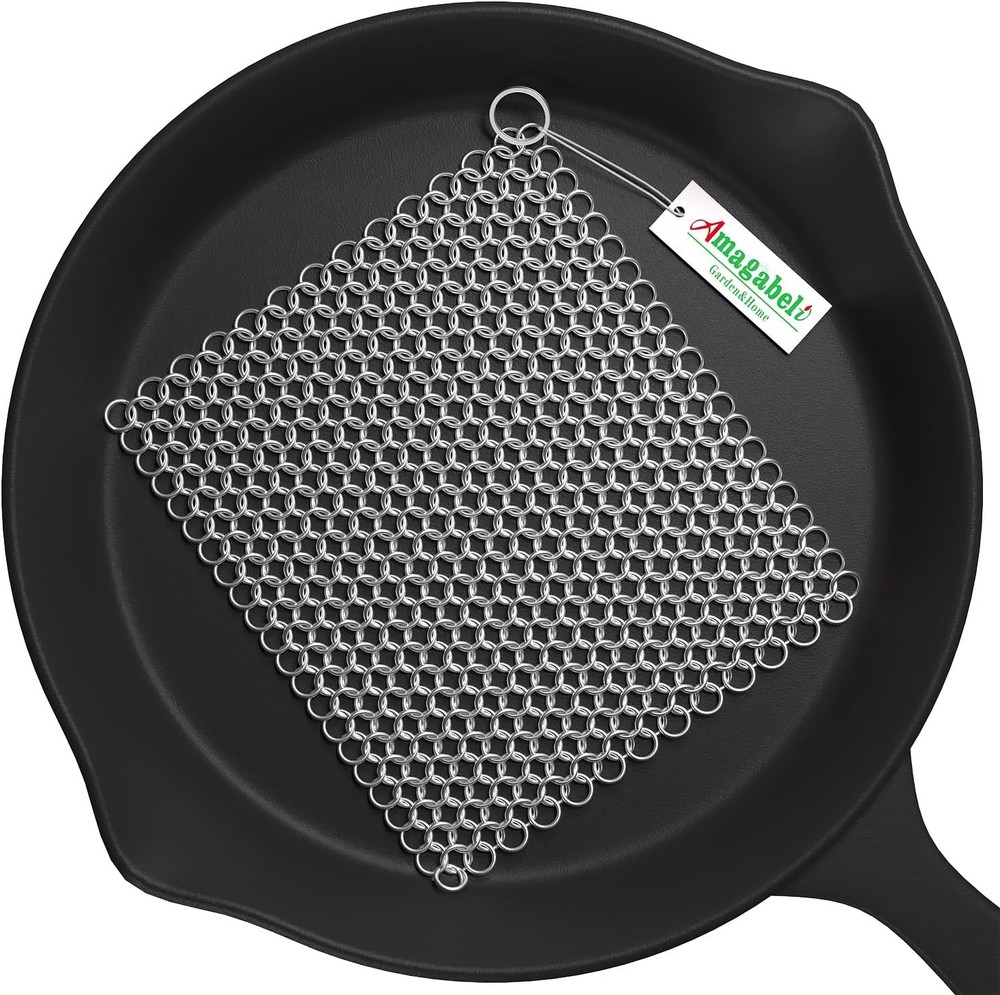 Amagabeli Cast Iron Cleaner 8″x6″ Premium Stainless Steel Chainmail Scrubber