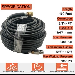 100FT 5800PSI Replacement High Pressure Power Washer Hose -3/8″ Quick Connect
