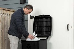 new.Tough 45 Gallon Wheeled Heavy Duty Plastic Garbage Can, Attached Lid, Black