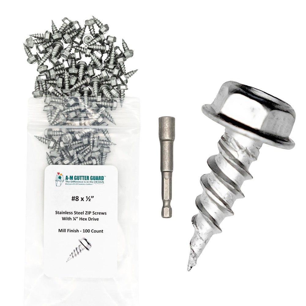 A-M Gutter Guard – 1/2″ #8 Stainless Steel Zip Screws – 8, Silver