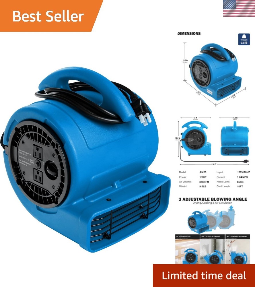 1/5hp Air Mover 800cfm Blower Fan Carpet Floor Drying Fan – 3-Speed Compact A…