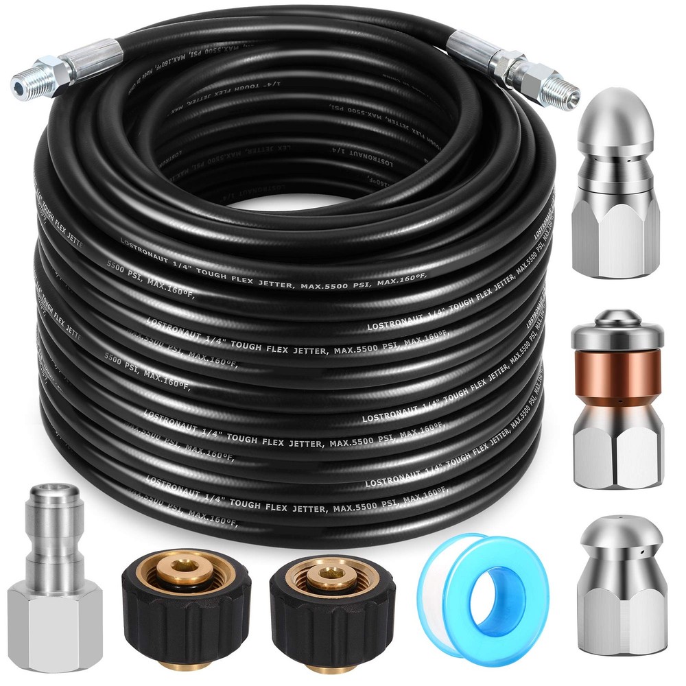 Sewer Jetter Kit – Drain Cleaner Tool Clog Remover Includes Tough Flex…