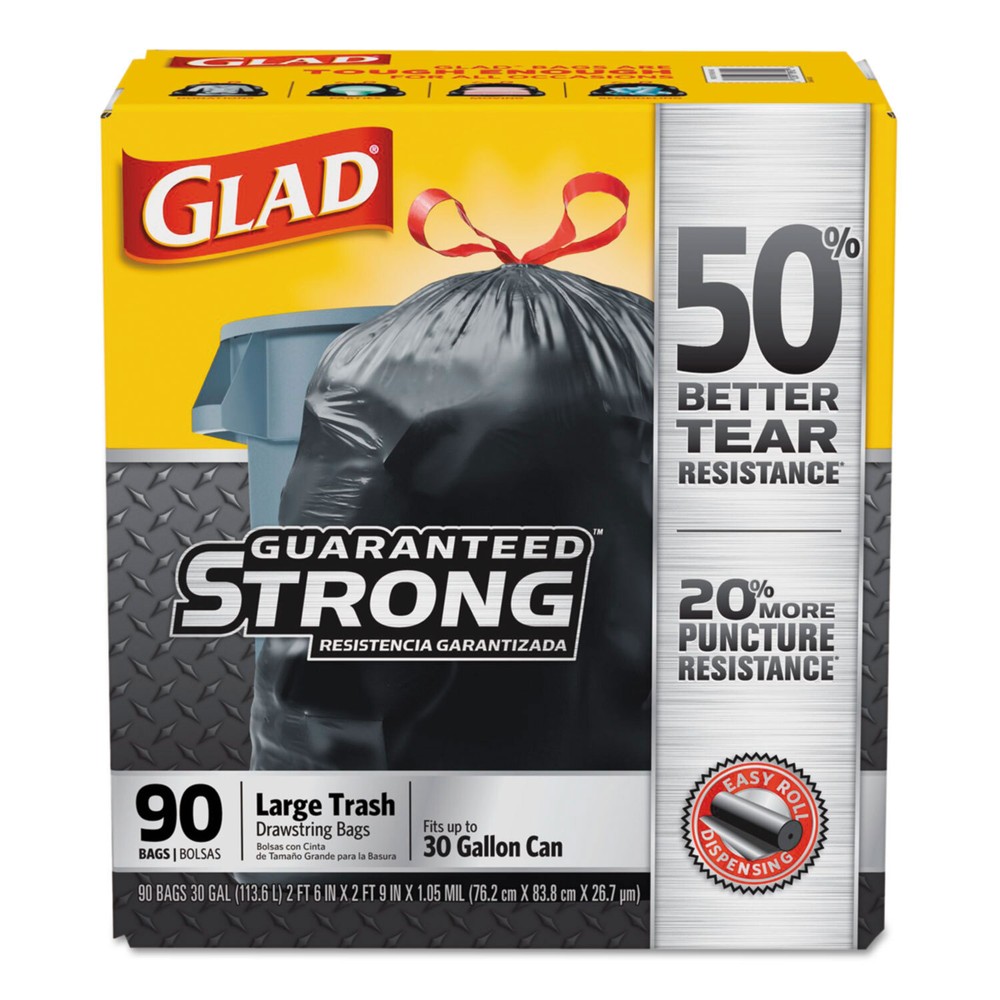 Glad Drawstring Large Trash Bags, 30 gal, 1.05 mil, 30″ x 33″, Black, 90/Carton