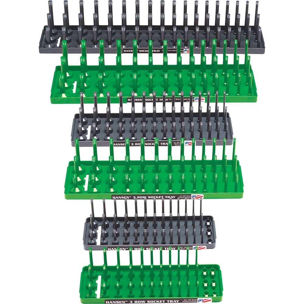 6 Piece Socket Tray Set – 3 Row – 1/4″, 3/8″, 1/2″ – Grey (Metric) Green (SAE)