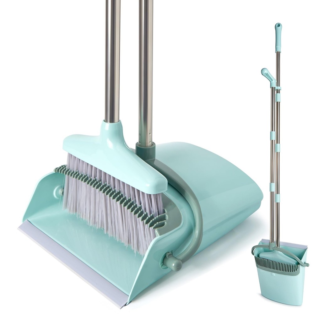 XXXFLOWER Broom and Dustpan Set with Cleaning Teeth, 55″ Long Bluish Green