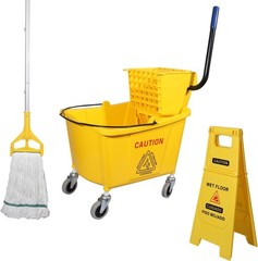 Compact 35 Quart Commercial Mop Bucket with Wringer and Wet Floor Sign – Yellow