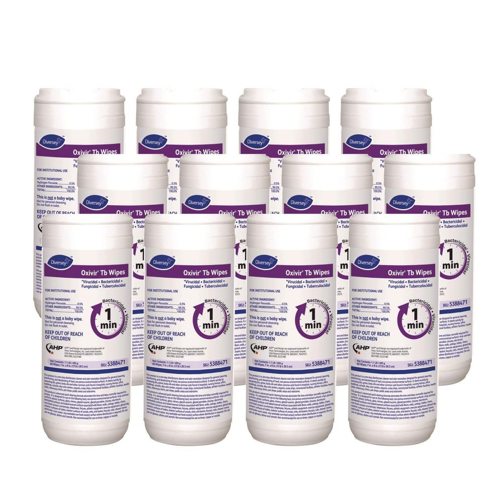 12- Diversey Oxivir Tb Wipes 7″x8″ (17.8×20.3cm) 60ct One-Step 60s Disinfectant