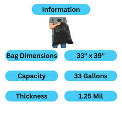 Black LLDPE Trash Can Liner 33 Gallons, 1.25 Mil Star Sealed , 33×39, 100 Qty