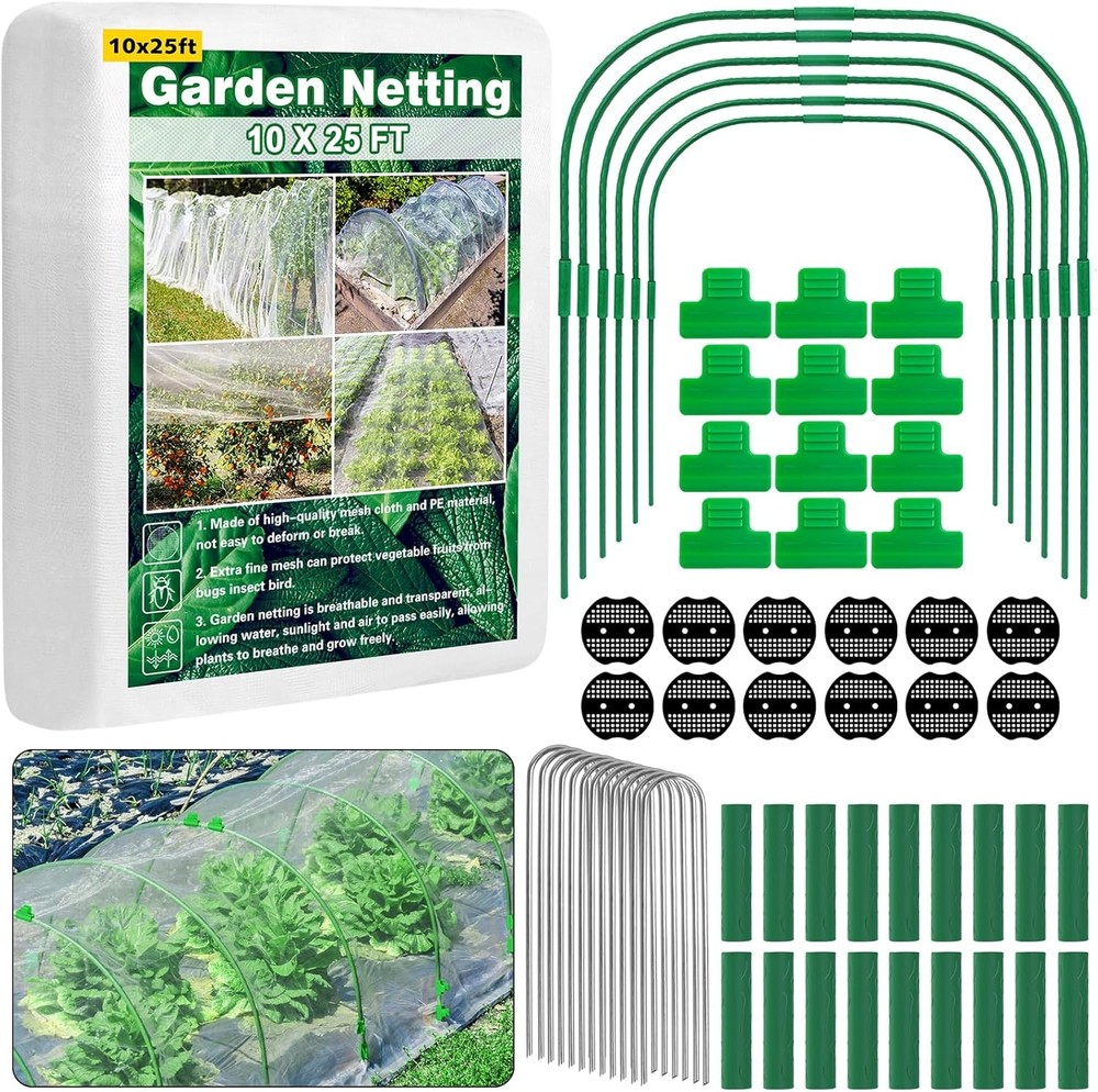 67 Pcs Garden Netting Kit, 10×25 Ft Ultra Mosquito Bird Netting with 6 Hoops &