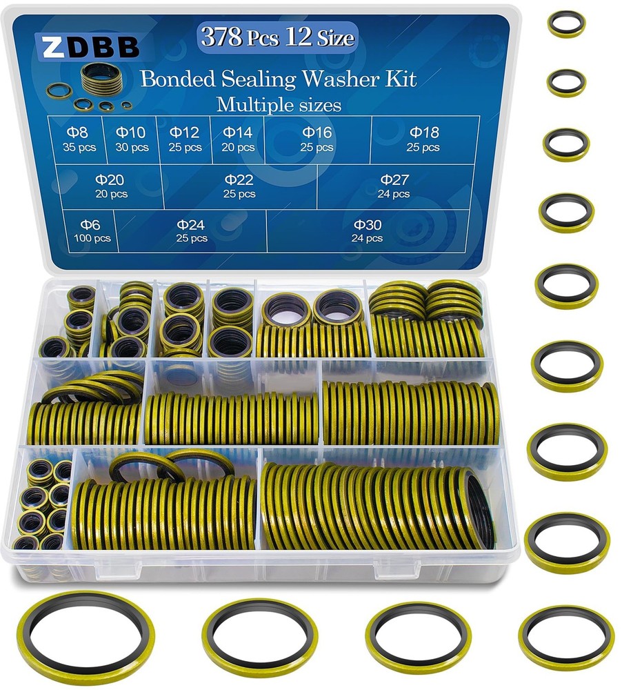 ZDBB 12 Sizes 378 Pcs Bonded Sealing Washer Kit,Automotive Self-Centred Black