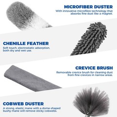 9Pcs Dusters for Cleaning Kit, Extendable Microfiber 9 PCS Duster Kits, White