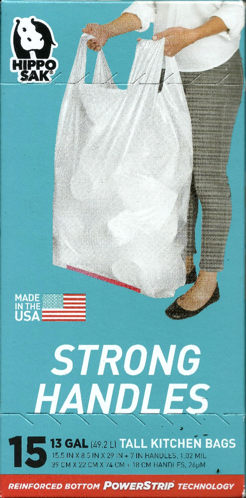 15 Hippo Sak TALL KITCHEN BAGS Liners 13 gallon White w/ super Strong Handle USA