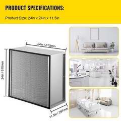 VEVOR HEPA Filter Replacement Pleated Air Filter 24x24x11.5in Galvanized Frame