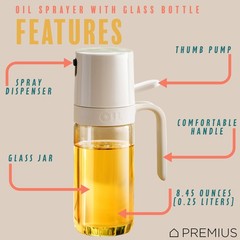 PREMIUS Glass Oil Sprayer Bottle, 8.45 Ounces, Thumb Pump 8.5 natural