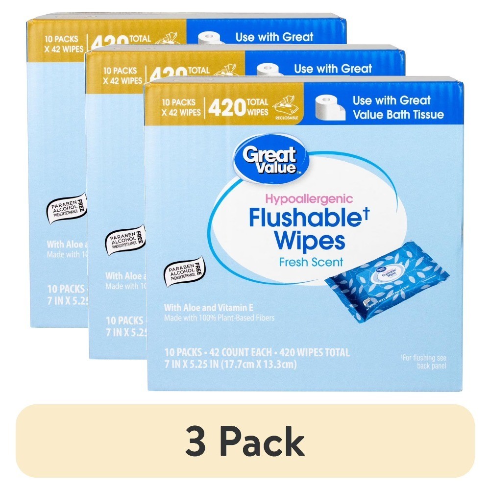 Flushable Moisturizing Cleaning Wipes 3 Pack 10 Resealable Pouches 420 Count