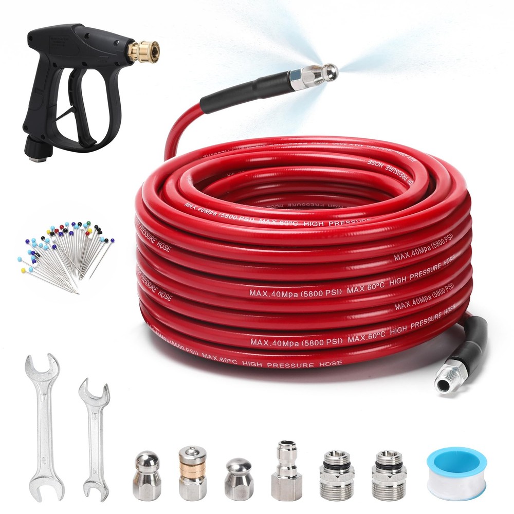 Sewer Jetter Kit for Pressure Washer 100 FT, Drain 100FT With Gun, Red