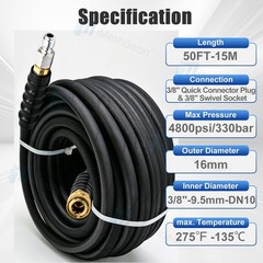 50ft Pressure Washer Hose 4000 PSI Non-Marking Gray With Couplers 275F 3/8″