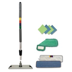 Boardwalk Microfiber Mopping Kit, 18″ Mop Head, 35-60″Handle, Blue/Green/Gray