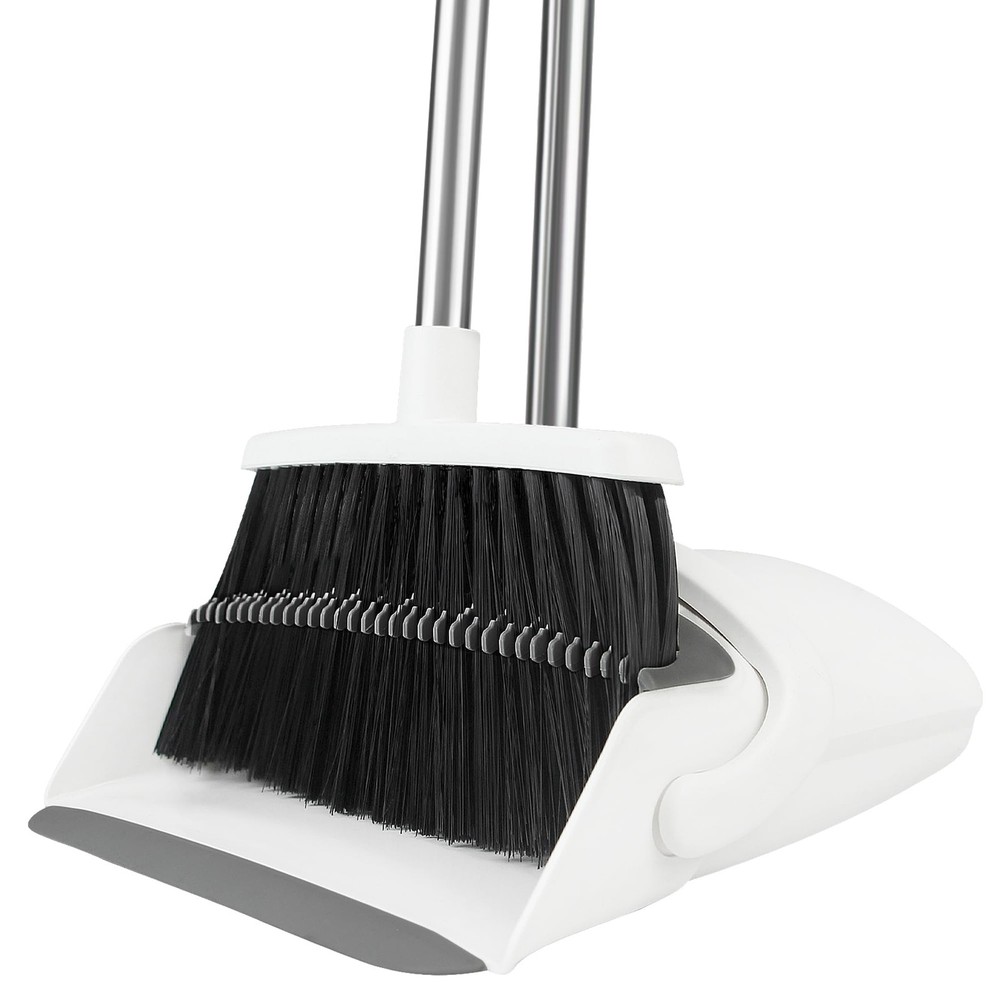 BSKLIN Broom and Dustpan Set for Home, 52″ Long Handle Standing Small, White