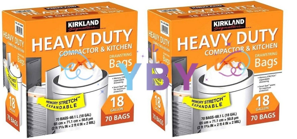 2 Packs Kirkland Heavy Duty Compactor & Kitchen Trash Bags 18 Gallon 70 CT Each