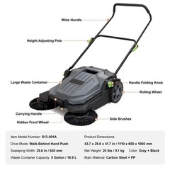Walk-behind Hand Push Floor Sweeper 25.6″ Width 5 Gallon Waste Container