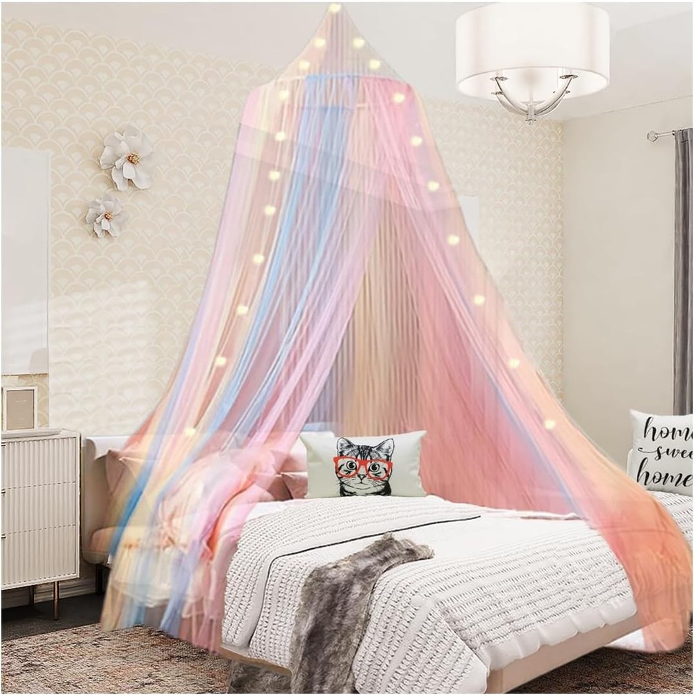Rainbow Bed Canopy for Girls with Lights Princess Canopy for Girls Bed Mosquito